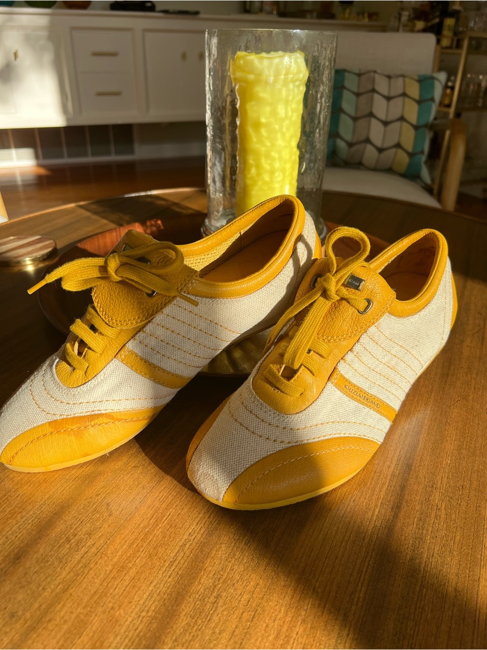 Rare Vintage Retro-Athletic Italian YELLOW leather Krizia UomoTrainer 42 EU